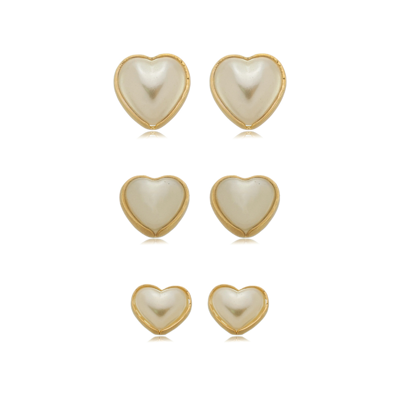 Pearlized Heart Stud Earrings Set Gold