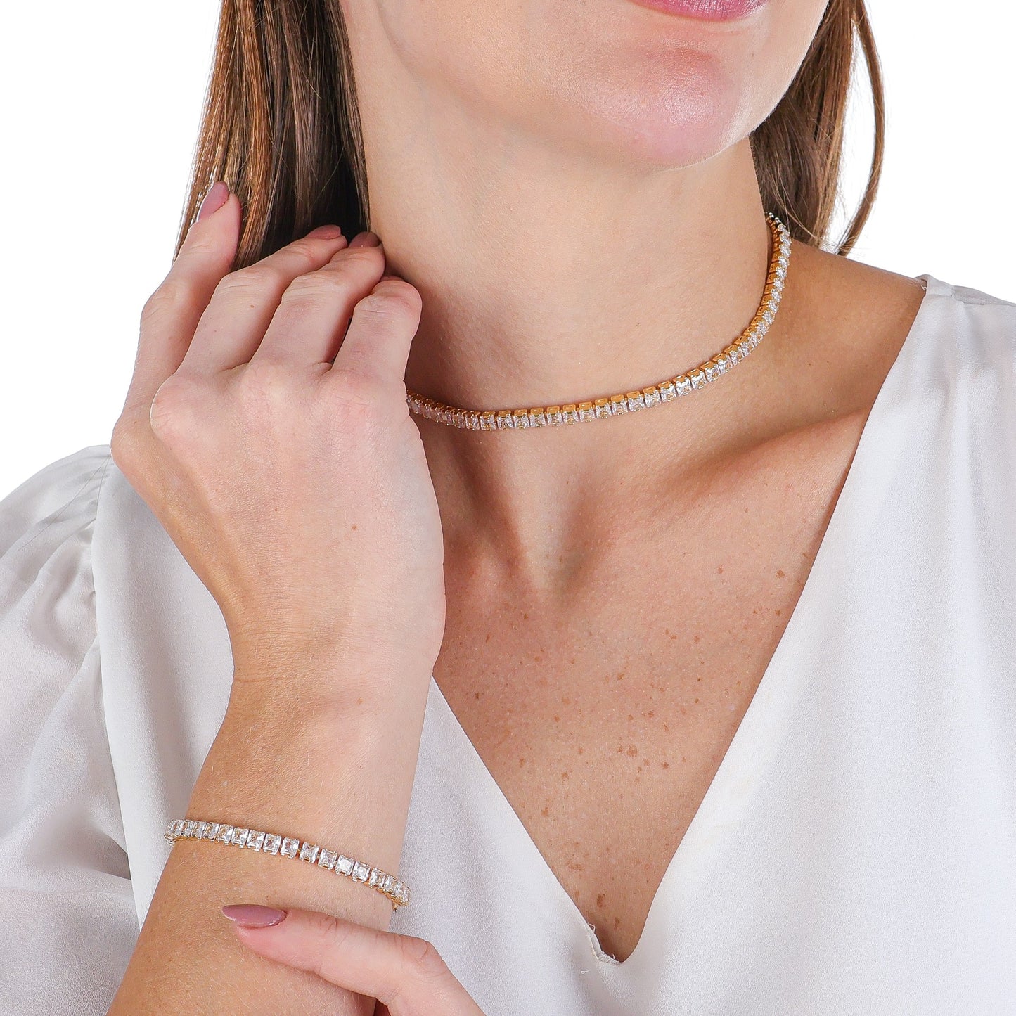 Classic Square CZ Tennis Choker Necklace Gold