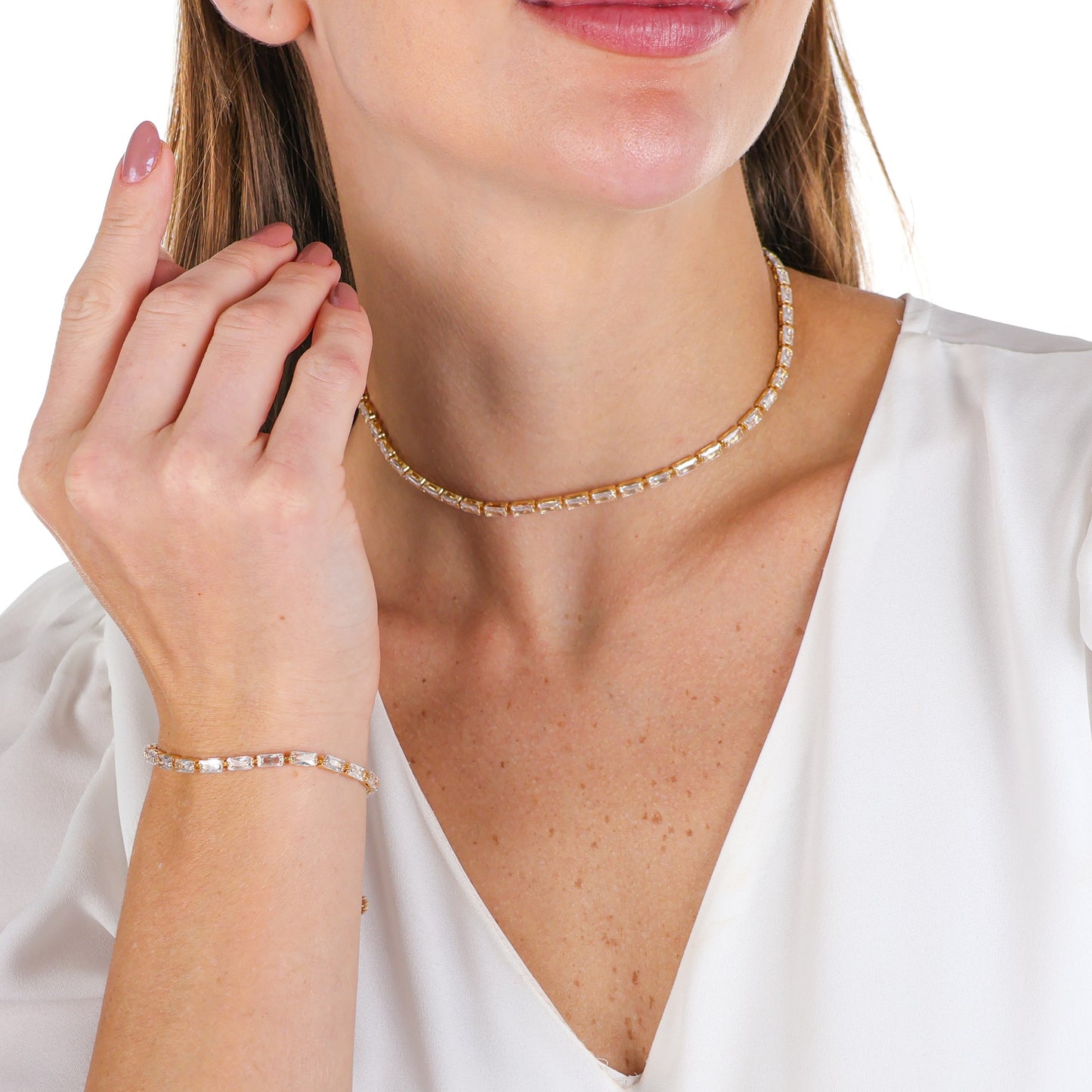 Baguette Zirconia Tennis Choker Necklace Gold