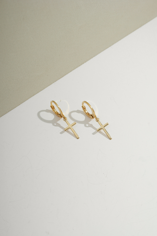 Cross Charm Drop Huggie Gold