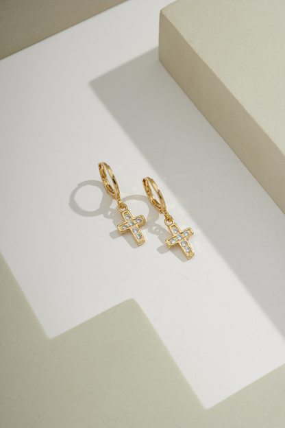 Pavé Cross Huggie Gold
