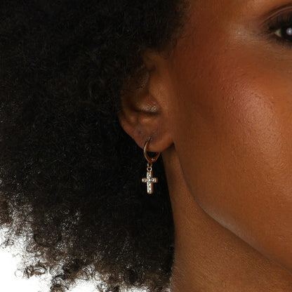 Pavé Cross Huggie Gold