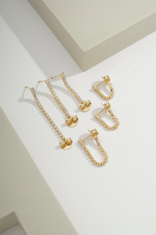 Zirconia Chain Drop Earrings Gold