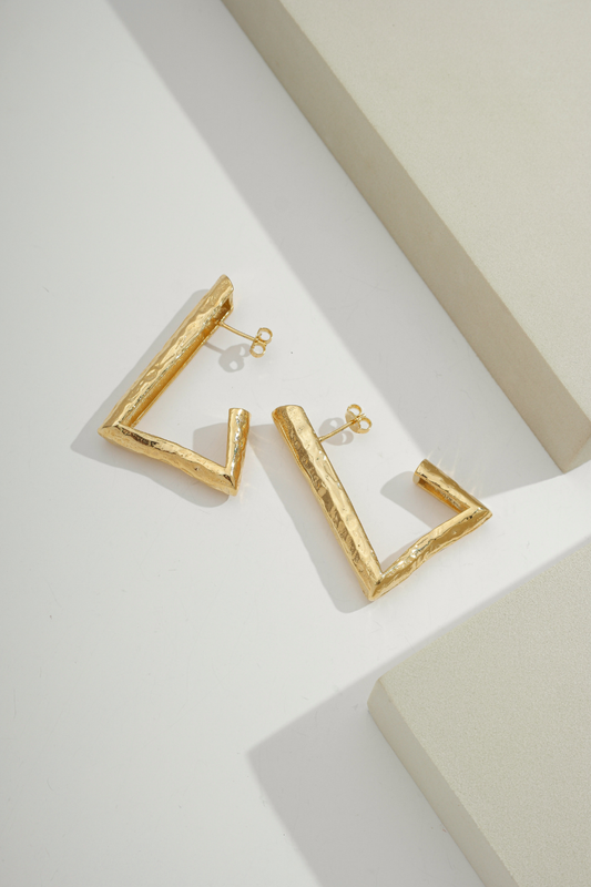 Hammered Freeform Triangle Hoops Gold
