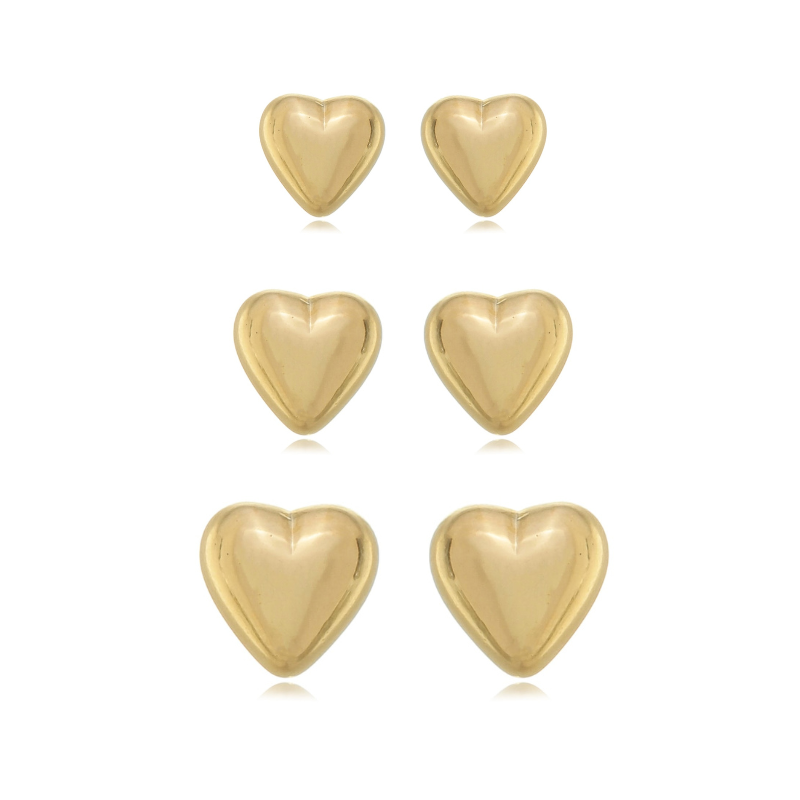 Puffy Gold Heart Stud Set