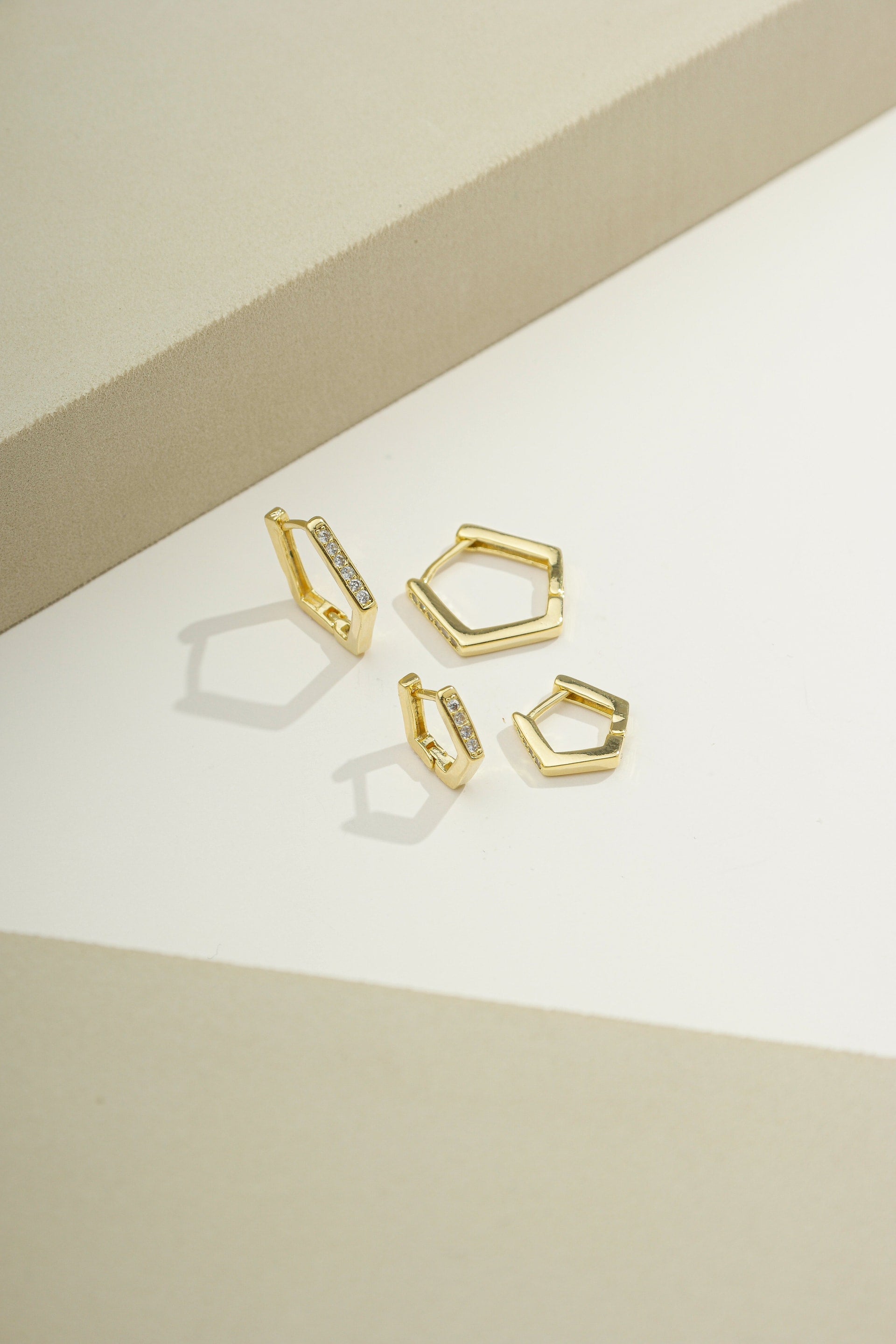 Geometric Pavé Huggie Set Gold