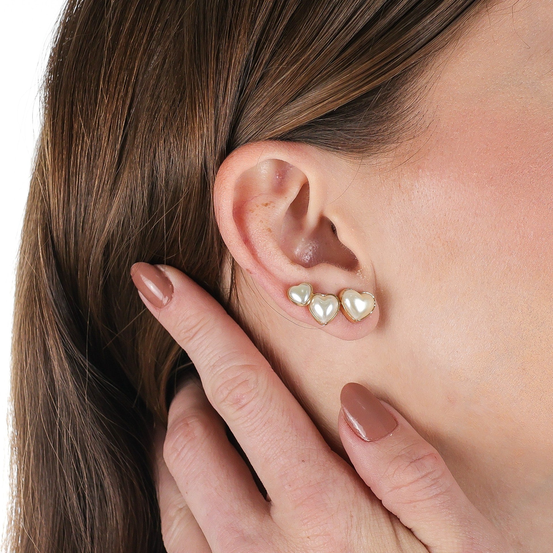 Pearlized Heart Stud Earrings Set Gold