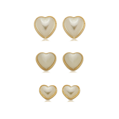 Pearlized Heart Stud Earrings Set Gold