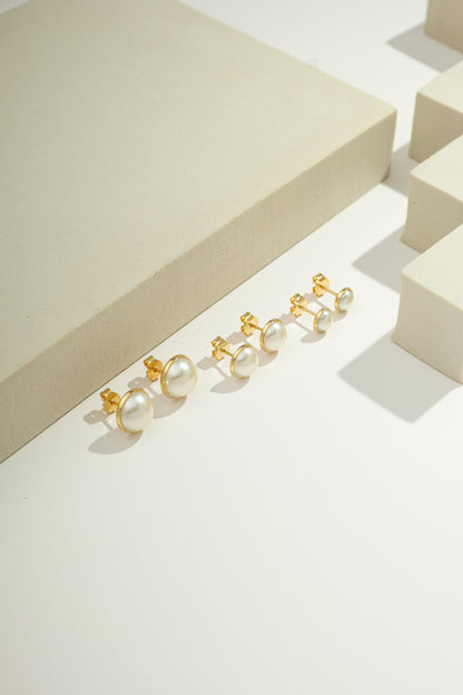 Half-Pearl Stud Earrings Set Gold